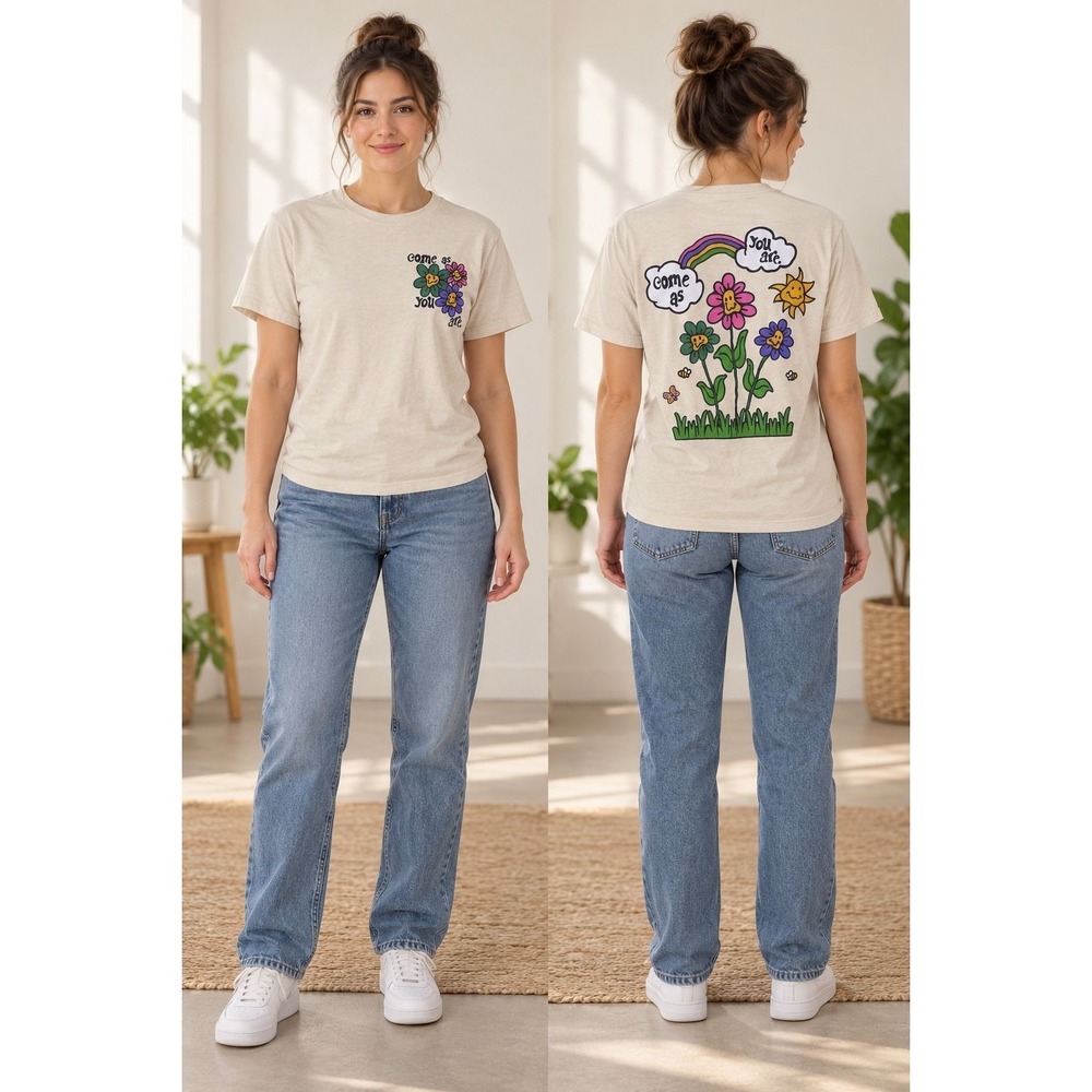 Peace of Mind Come As You Are Graphic T-Shirt Oatmeal Small Flower Rainbow Sun
